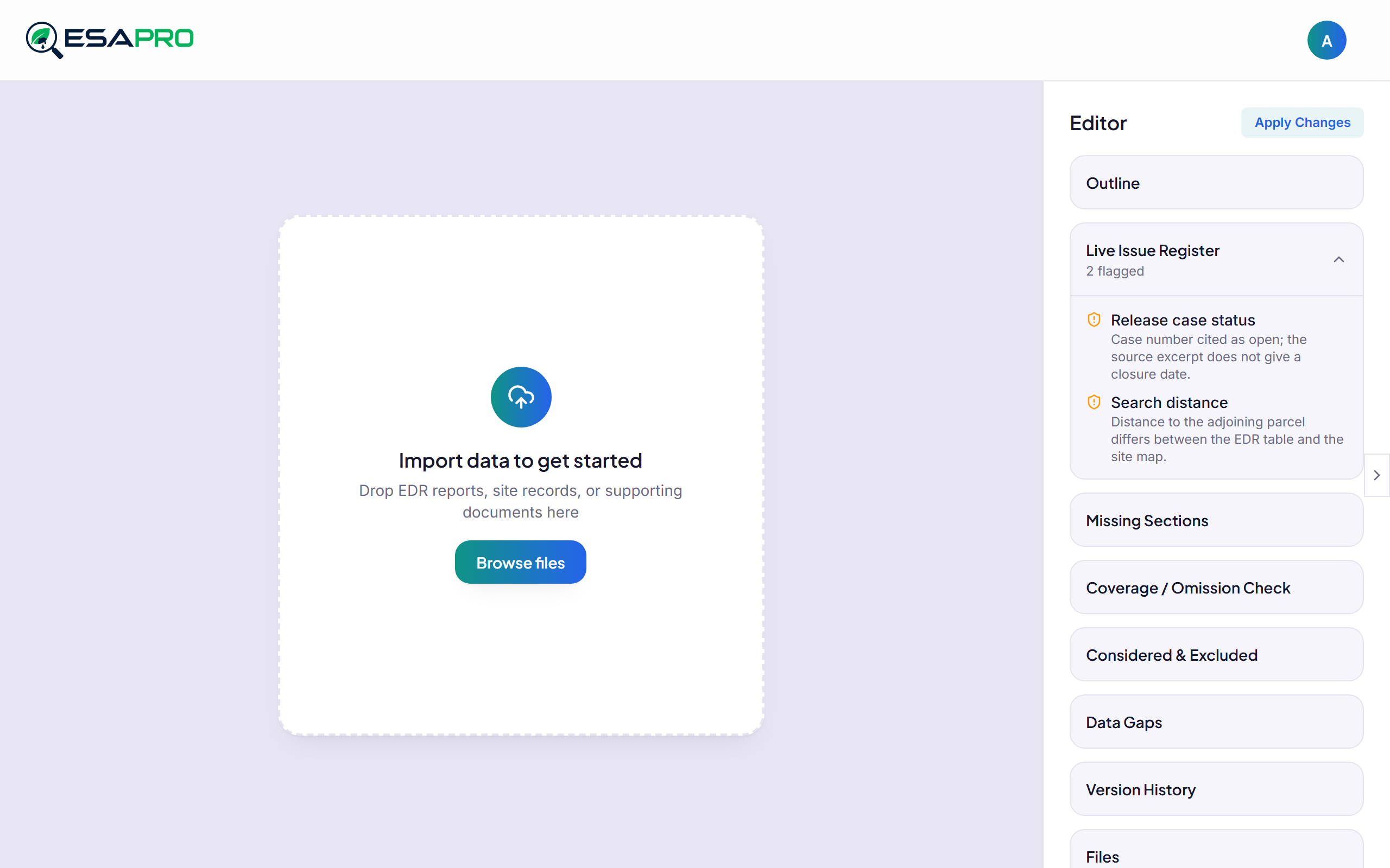 The editor sidebar: the Live Issue Register of figures the drafter would not assert on its own, Missing Sections, the Coverage / Omission Check, Data Gaps, and the Considered & Excluded log -- what needs a decision, and what was looked at and waved off, in one view.